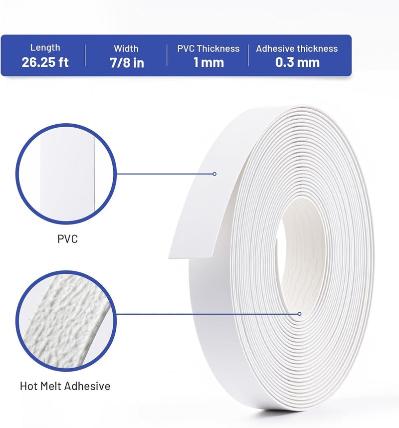 FAKILO PVC Edge Banding 7/8 inch x 25ft Veneer Edge Banding White with Hot Melt Adhesive Pre - glued Iron on Edging Tape Trim for Cabinet Plywood Repairs and Furniture Restoration - Image 2